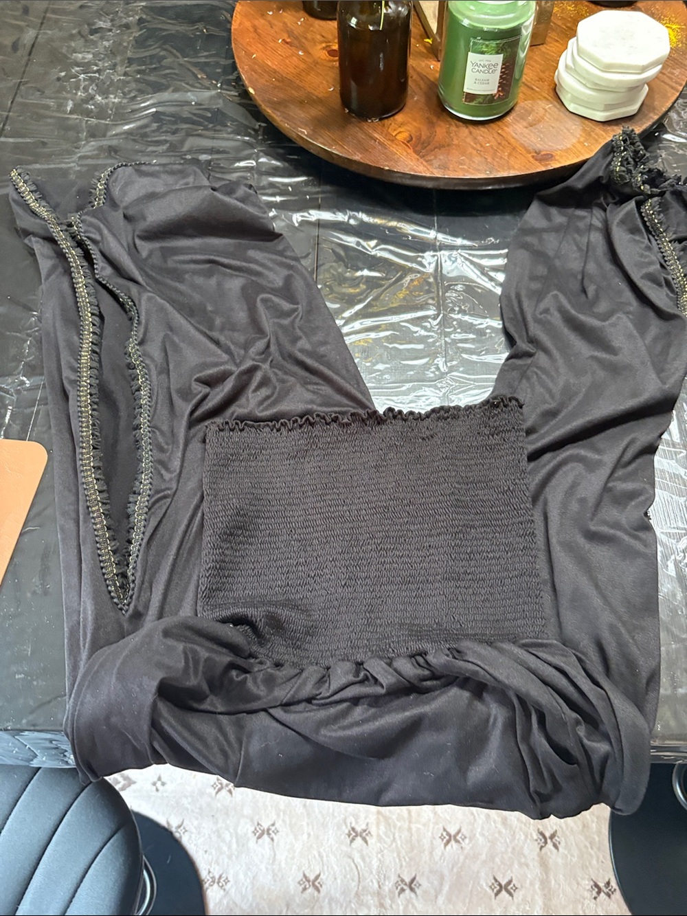 Peixoto Black Smocked Crop Top with Gathered Sleeves